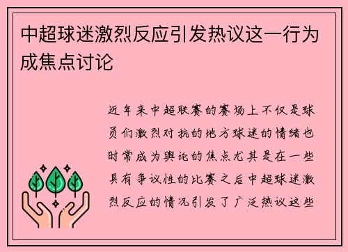 中超球迷激烈反应引发热议这一行为成焦点讨论