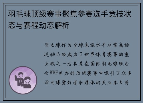羽毛球顶级赛事聚焦参赛选手竞技状态与赛程动态解析
